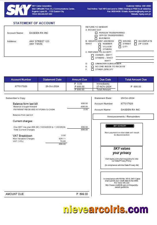 Philippines Sky Cable Corporation business utility bill